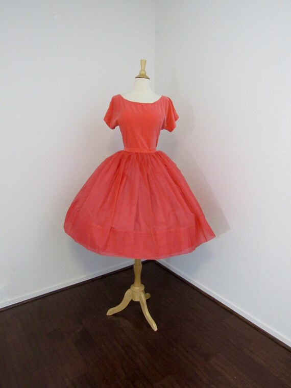 1950s Vibrant Coral Organdy & Velveteen Party Dres