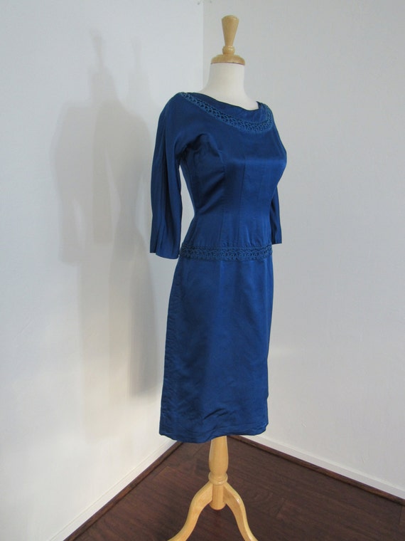 1950s Royal Blue Silk Satin Wiggle Dress - image 1