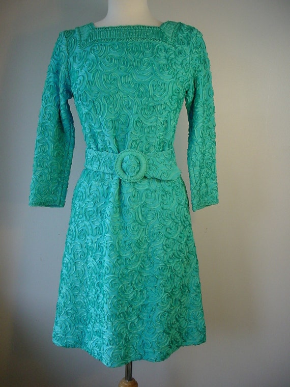 1960s Turquoise Soutache Embroidered Ribbon Dress