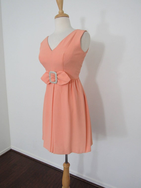 1960s Peach-colored Crepe Dress with Huge, Rhines… - image 1