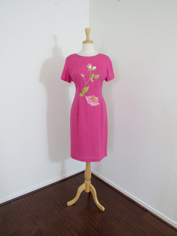 1950s - Early 1960s Hot Pink Fitted Dress with Ab… - image 1