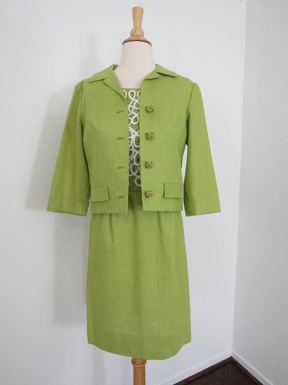 1950s - Early 1960s Green Linen Wiggle Dress with… - image 4