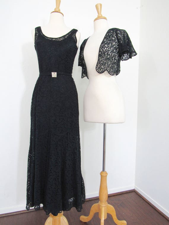 1930s Black Lace Dress with Matching Bolero, Slip