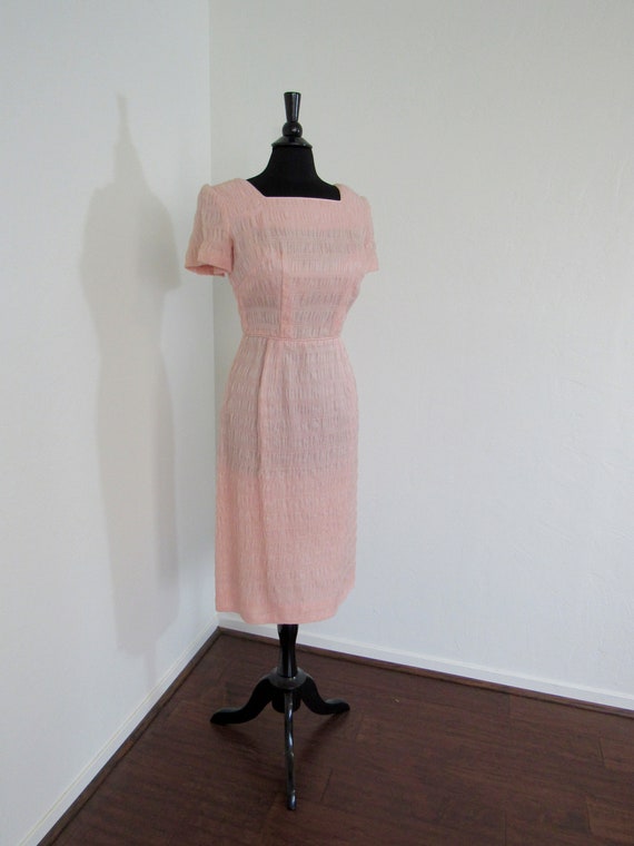 1950s Ruched Pink Organdy Wiggle Dress