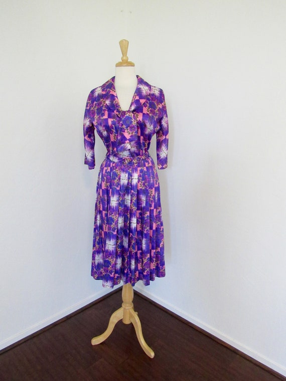 1950s Jerry Gilden, Floral Rayon Shirtdress with S