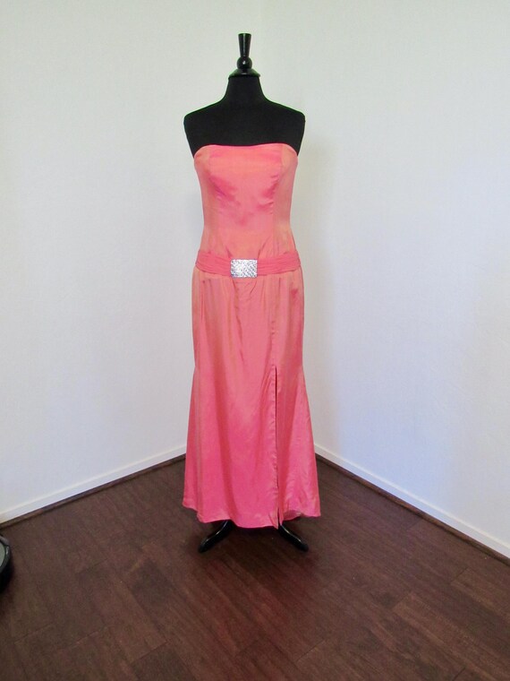Glamorous, 1990s Jovani, Iridescent Coral & Gold, All Silk Strapless  Evening Gown With Rhinestone Crusted Buckle and Graceful Train - Etsy