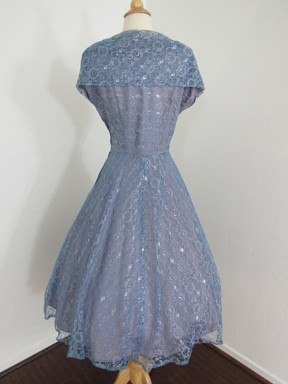 Lovely, Feminine 1950s Blue & Silver Lace Dress w… - image 4