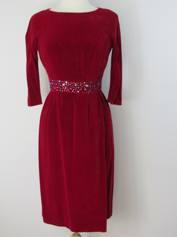 Joseph, 1950s - Early 1960s Joseph Magnin Wine Velvet Dress with Bejeweled Waistline
