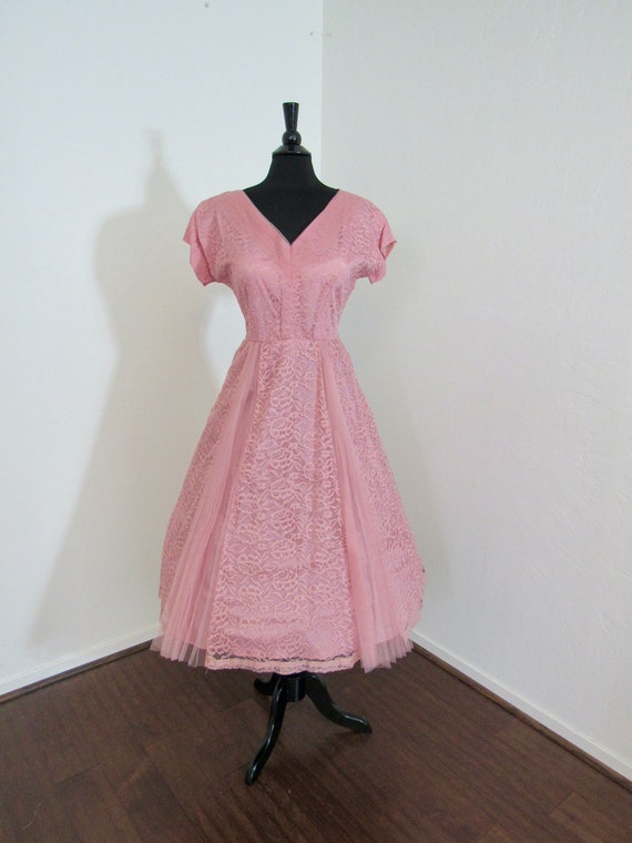 1950s Pink Lace & Pleated Tulle Dress