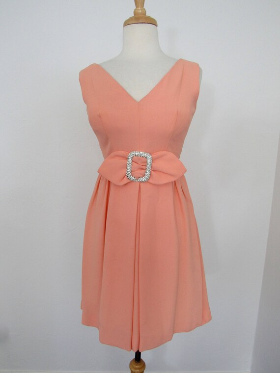 1960s Peach-colored Crepe Dress with Huge, Rhines… - image 2