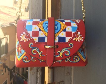IN STOCK Free Worldwide Shipping! Sicilian Carretto Style Hand Painted White Italian Leather Mini Bag Made in Italy