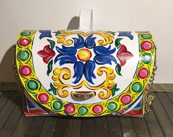 IN STOCK Free Worldwide Shipping! Sicilian Carretto Style Hand Painted White Italian Leather Mini Bag Made in Italy