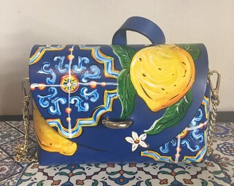 IN STOCK Free Worldwide Shipping! Sicilian Carretto Style Hand Painted White Italian Leather Mini Bag Made in Italy