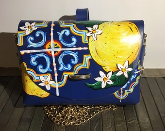 IN STOCK Free Worldwide Shipping! Sicilian Carretto Style Hand Painted White Italian Leather Mini Bag Made in Italy