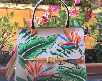 IN STOCK Free Worldwide Shipping! Sicilian Carretto Style Hand Painted White Italian Leather Mini Bag Made in Italy