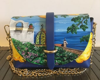 IN STOCK Free Worldwide Shipping! Sicilian Carretto Style Hand Painted White Italian Leather Mini Bag Made in Italy