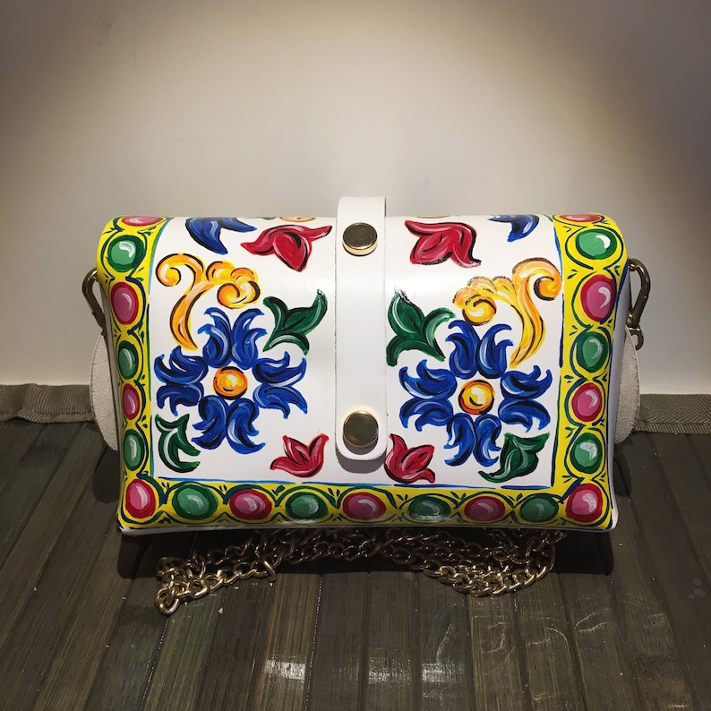 IN STOCK Free Worldwide Shipping! Sicilian Carretto Style Hand Painted White Italian Leather Mini Bag Made in Italy