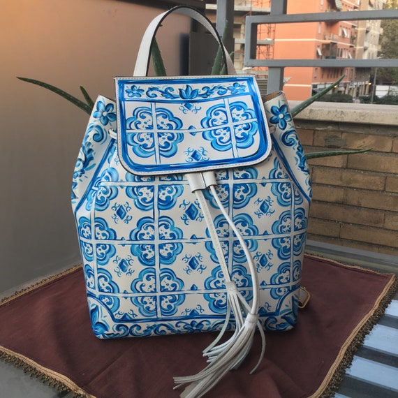 IN STOCK Free Worldwide Shipping! Sicilian Carretto Style Hand Painted White Italian Leather Mini Bag Made in Italy
