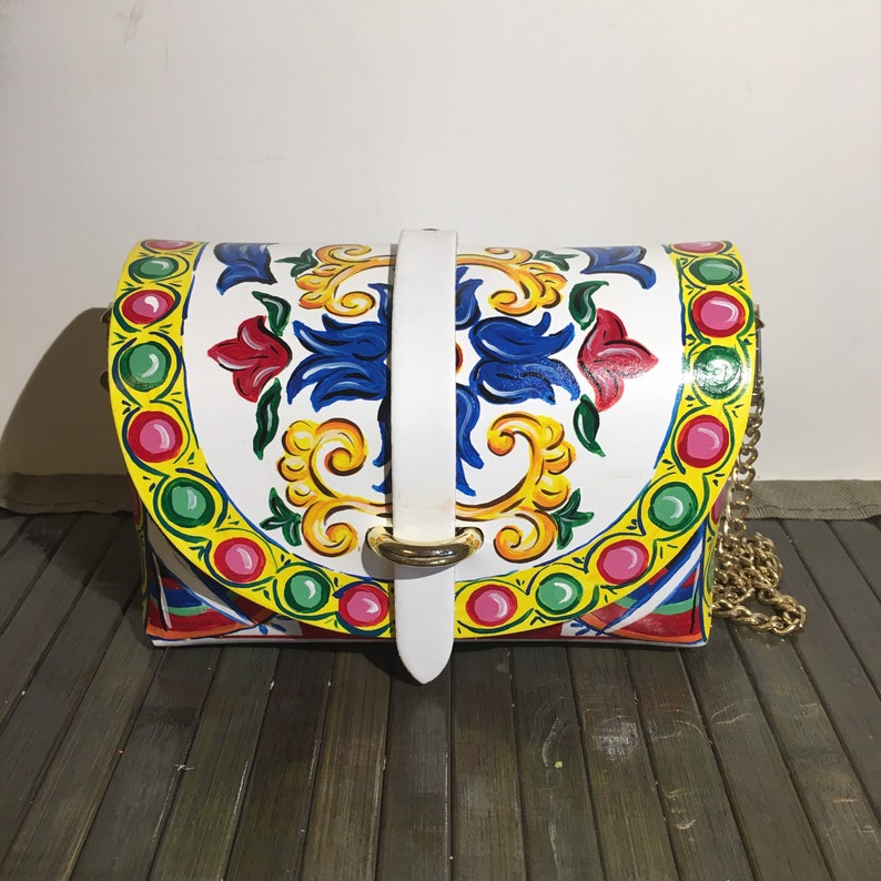 IN STOCK Free Worldwide Shipping! Sicilian Carretto Style Hand Painted White Italian Leather Mini Bag Made in Italy