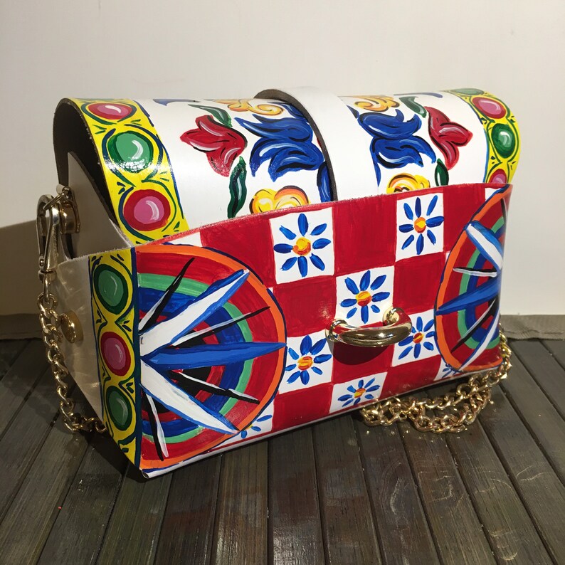IN STOCK Free Worldwide Shipping! Sicilian Carretto Style Hand Painted White Italian Leather Mini Bag Made in Italy