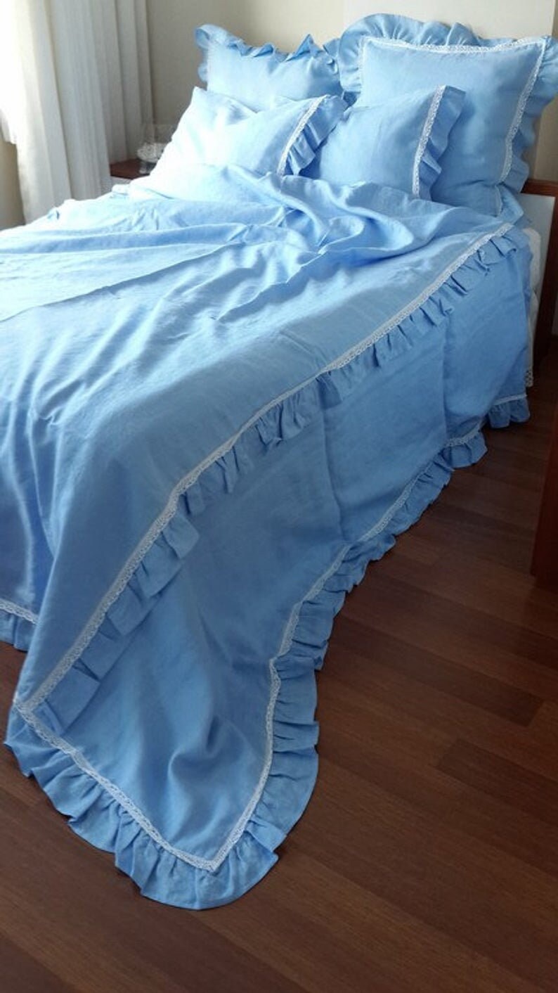 Blue Cottage Shabby Chic Bedding Blue Linen Ruffled Duvet Etsy