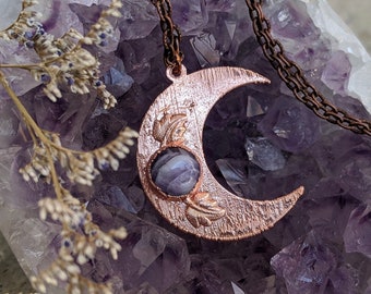 Crescent Moon Pendant with Chevron Amethyst and Leaves- Made to Order