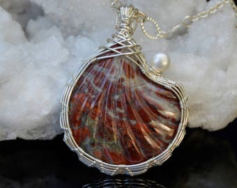 Sea Shell Barricaded Jasper Pendant / Wire Wrapped Jewelry / Fresh Water Pearl / Nautical Necklace