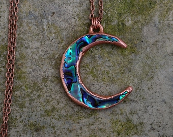 Double Sided Abalone Crescent Moon Pendant / Copper Electroformed Jewelry / Celestial Moon Necklace
