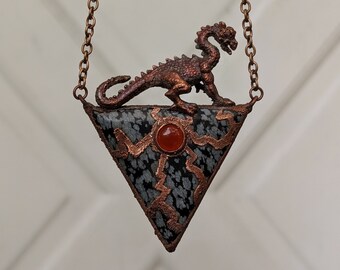 Magma- Handmade OOAK Dragon Necklace / Copper Carnelian and Snowflake Obsidian Pendant / Wyvern / Drake / Wyrm