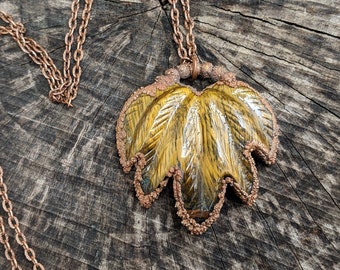 Tiger Eye Maple Leaf Pendant / Hand Carved Stone Necklace / Autumn Inspired Jewelry / Gift for Gardener