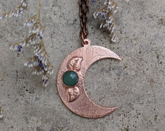 Crescent Moon Pendant with Aventurine and Leaves