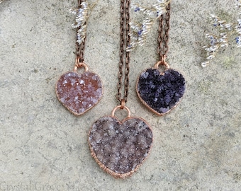 Handmade Druzy Amethyst Heart Pendant / Heart Jewelry Ncklace / Love