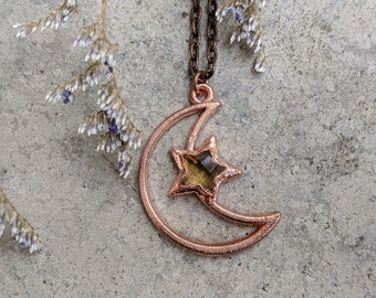 Citrine Moon and Star Pendant / Sun Moon and Star Jewelry / Celestial Necklace