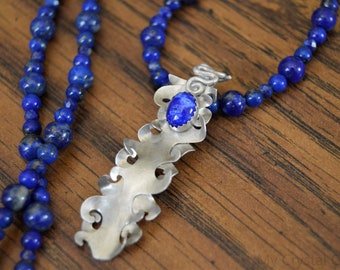 The Calm Before The Storm- Lapis Lazuli and Fine Silver Designer Statement Necklace, Ocean Waves, Nautical Jewelry