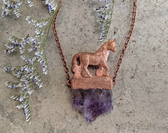 Handmade Copper Unicorn Necklace / Fantasy Mythology Jewelry / Amethyst Pendant