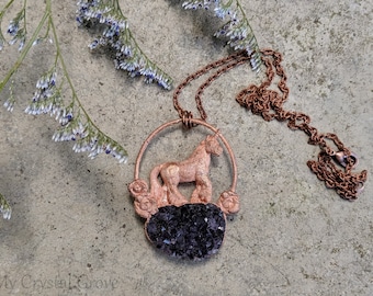 Handmade Copper Fantasy Jewelry - Unicorn and Raw Amethyst Druzy Cluster / Raw Amethyst Necklace