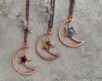 Amethyst Moon and Star Pendant / Sun Moon and Star Jewelry / Celestial Necklace