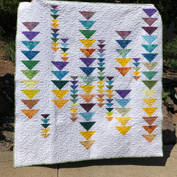 62" x 66" Batik Lap Quilt - Flying Geese Quilt - White Batik Couch Quilt