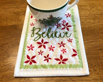 Winter Snack Mat 5.75" x 7.75" - Believe Mug Rug - Large Coaster - Mug Rug Coaster