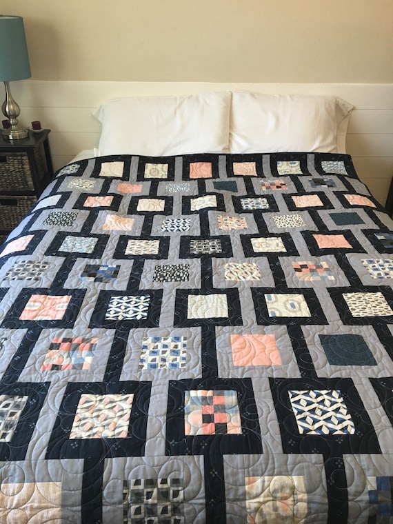 Modern Bed Size Quilt 61 X 82 Navy and Grey Quilt Queen Bedding