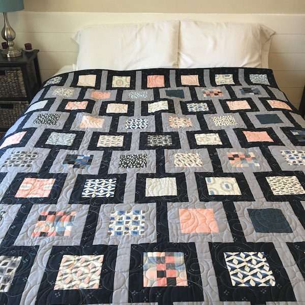 Modern Bed Size Quilt 61" x 82"  - Navy and Grey Quilt - Queen Bedding - Square Quilt - Quiltsy Handmade