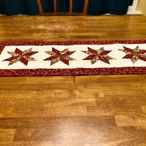 Holiday Star Table Runner 14” x 40&quot; - Handmade Christmas Table Runner - Quilted Table Runner - Holiday Decor