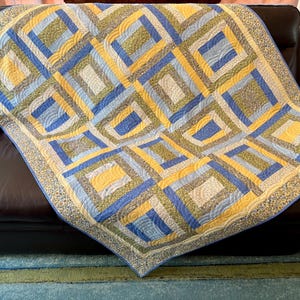 Traditional Yellow and Blue Quilt 57&quot; x 68&quot; - County Courthouses Handmade Lap Quilt - Patchwork Quilt - Couch Blanket