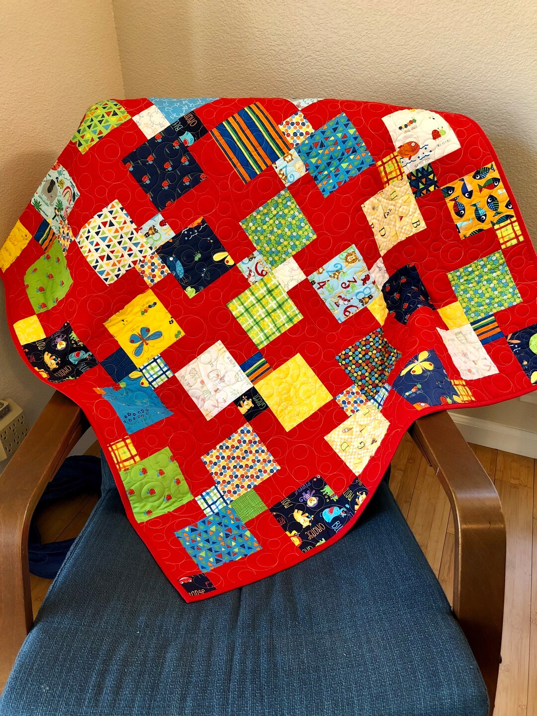Gender Neutral Baby Quilt 38 X 45 Handmade Baby Blanket Red Baby Quilt