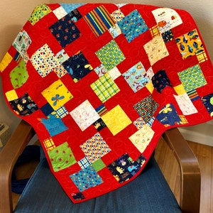 Gender Neutral Baby Quilt 38&quot; x 45&quot; - Handmade Baby Blanket - Red Baby Quilt - Small Quilt