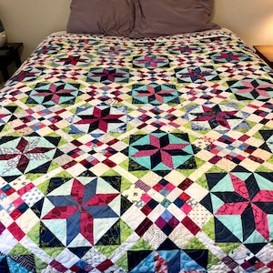 Bed Size Quilt 81&quot; x 83&quot; - Pink and Blue Quilt - Spring Colored Bed Quilt - Queen Bed Quilt - Scrappy Quilt