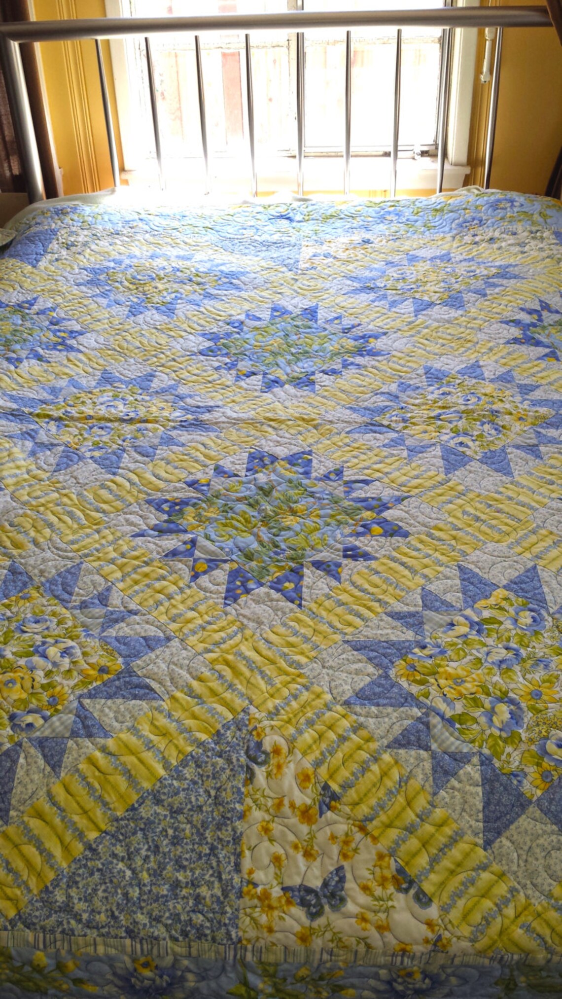Queen Size Blue and Yellow Floral Quilt Traditional Blue and Etsy