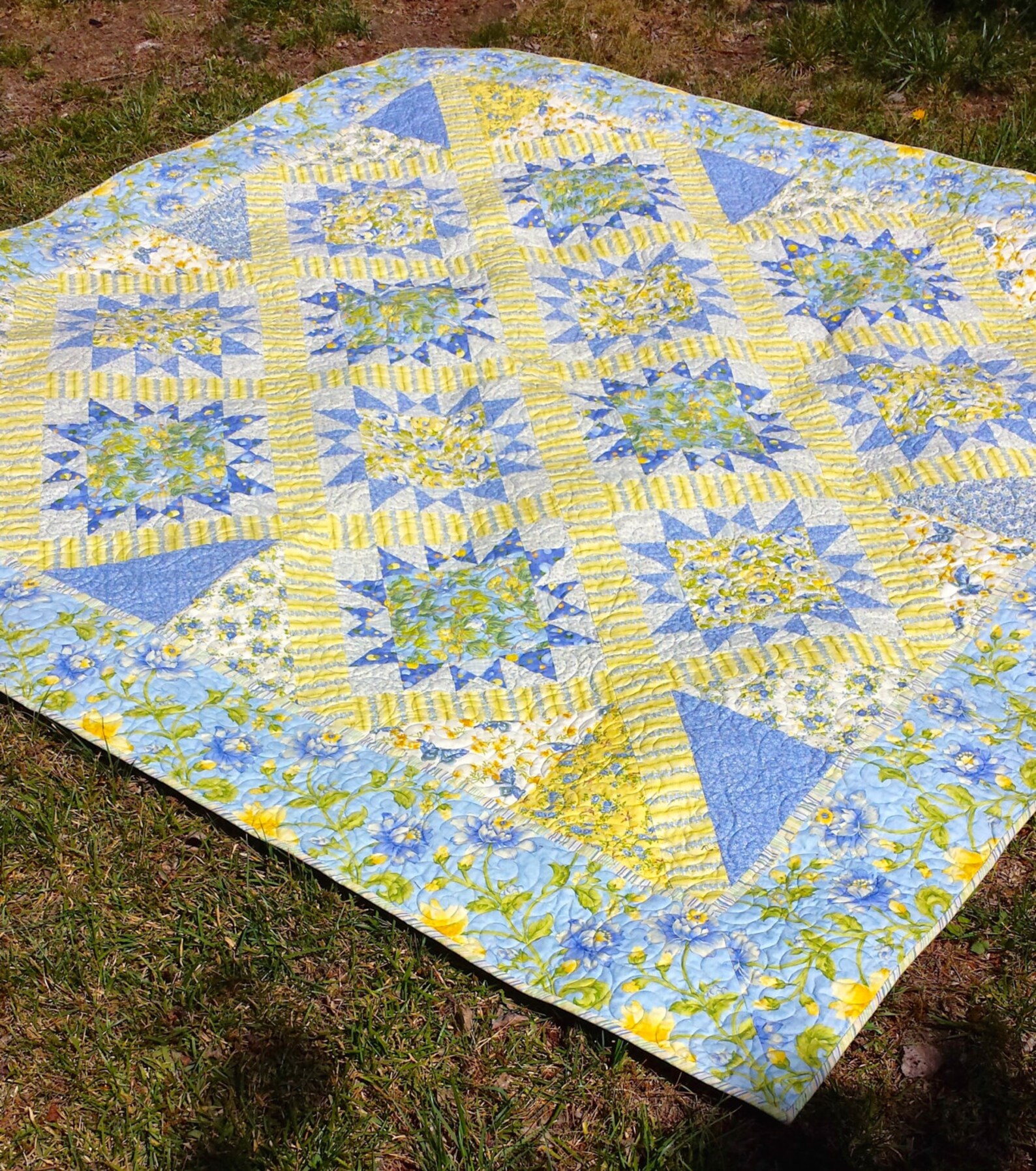 Queen Size Blue and Yellow Floral Quilt Traditional Blue and Etsy