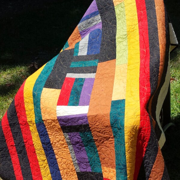 Handmade Lap Quilt or Wall Hanging Quilt - Geometric Design - Gees Bend Replica Quilt