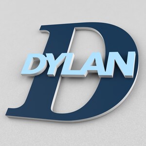 May include: A blue and white 3D letter D with the name "DYLAN" spelled out in blue letters on top of the D.